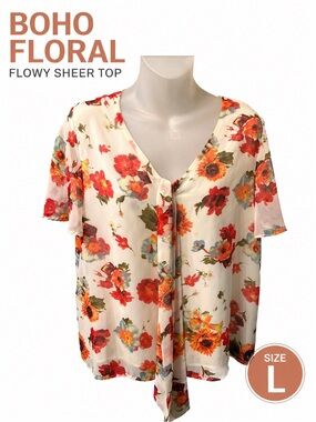 Pleione Floral Blouse Size Large Sheer Boho Tie Front Flowy Top